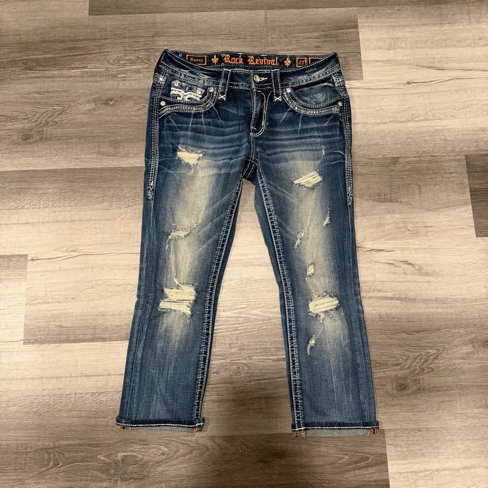 Rock Revival Womens Darcey Crop Dark Wash Distressed Embellished Jeans Size 27